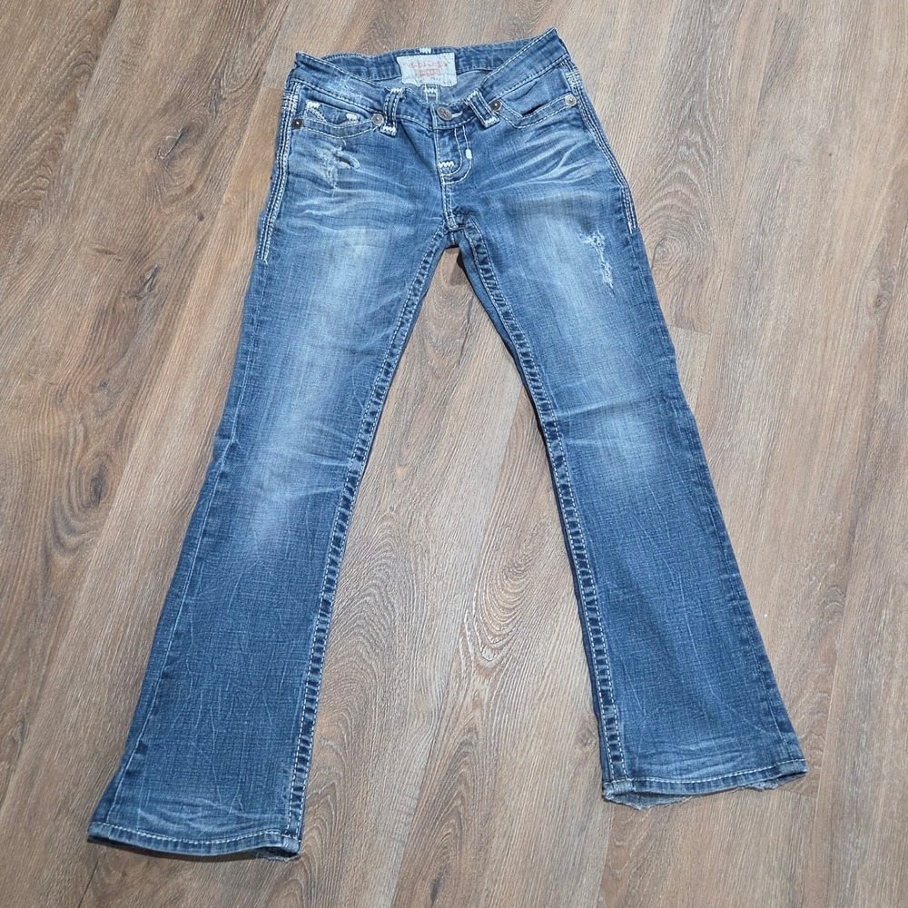 Big Star Liv Bootcut Jeans Womens 25R Medium Wash Distressed Thick Stitch Y2K